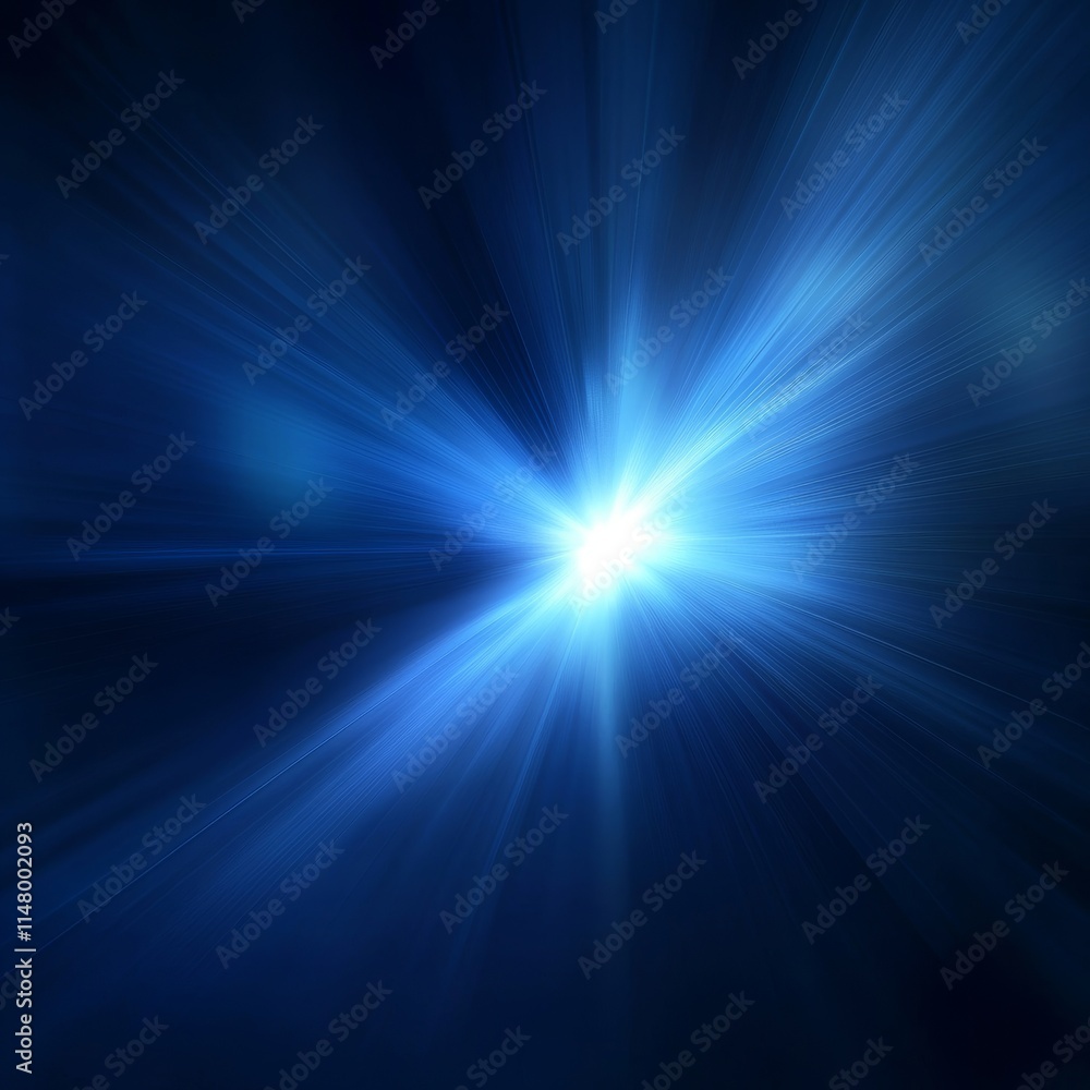 Poster bright blue light rays emanating from a central point in a dark environment, creating a cosmic effec