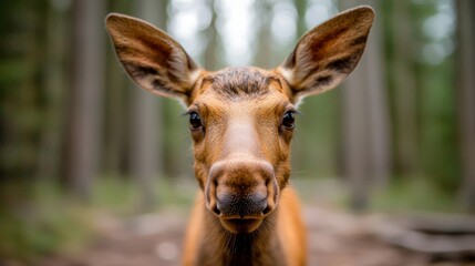  A close up of a deer's face in the woods