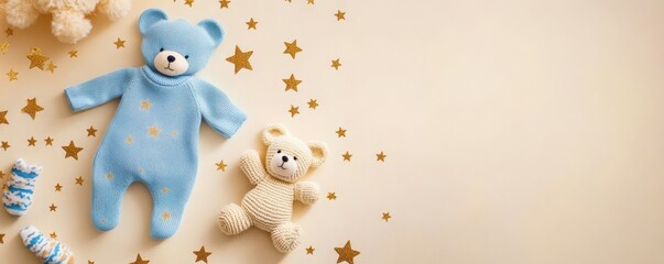 Baby boy concept. Top view photo of blue infant clothes bodysuit socks booties knitted teddy-bear toy teether and gold stars on isolated pastel beige background with empty space