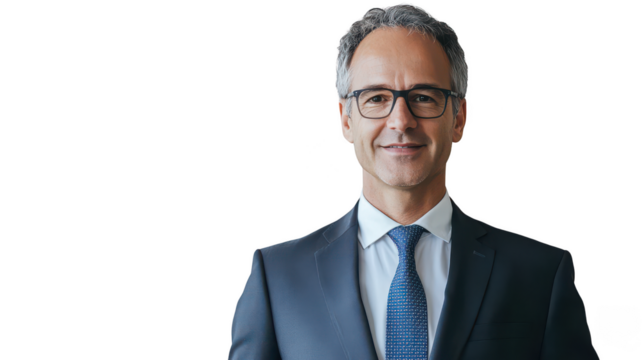 Confident Businessman in Suit with Glasses