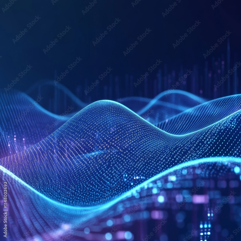 Poster vibrant digital wave patterns create a stunning visual representation of technology and data in a mo