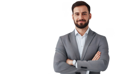 Confident Businessman in Gray Suit Smiling