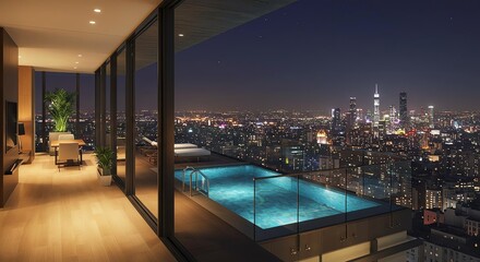 Fototapeta premium Luxury Penthouse Night View Cityscape Infinity Pool Modern Apartment
