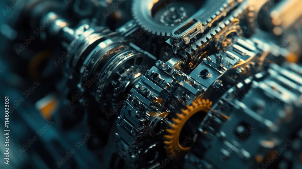 Poster precision in motion: intricate gears and chains interlock, a mesmerizing display of mechanical engin