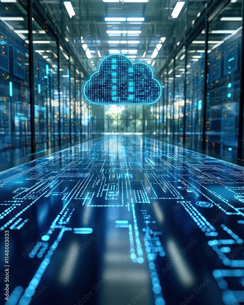Poster futuristic server room with glowing cloud computing symbol, representing data storage, digital trans