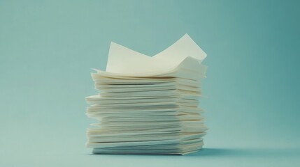A stack of paper with a white piece of paper on top. The stack is piled high