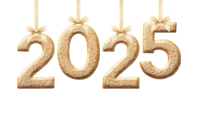 Gold Numbers Ball 2025 New Year Hanging on Ribbon Isolated on White and Png Transparent Background


