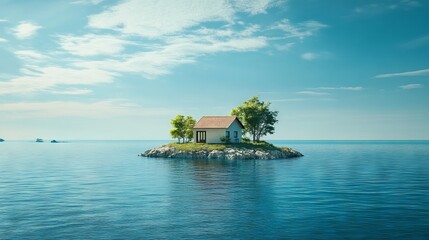 Minimalist Island House Surrounded by Blue Sea - Photorealistic 3D Render. AI generated illustration