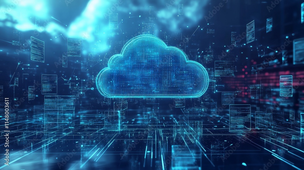 Poster digital cloud interface representing data storage and connectivity in a futuristic technology enviro