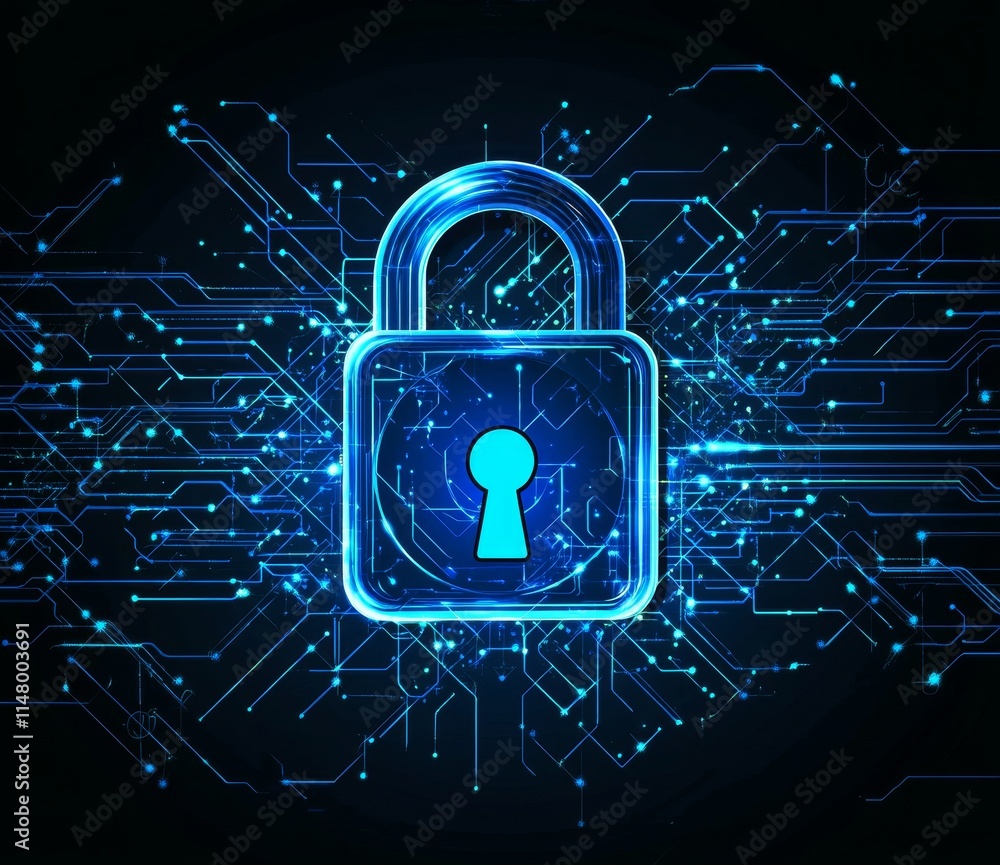 Poster digital lock symbol with glowing blue lines representing cybersecurity and data protection in a mode