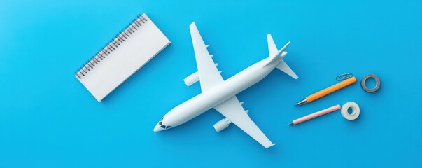 Fototapeta premium Back to school concept. Top view photo of school accessories adhesive tape plane shaped sharpener stapler eraser binder clips pens and notepads on isolated blue background with copyspace