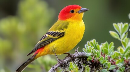 Fototapeta premium A vibrant, yellow bird with a striking red head perched on a branch, surrounded by lush green foliage.