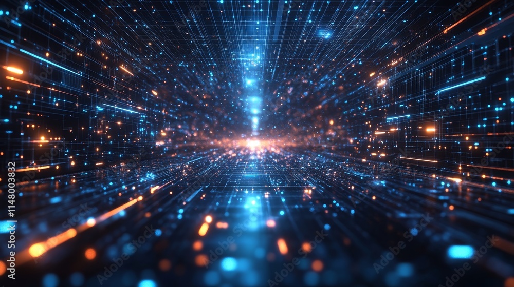 Poster bright blue and orange beams of light pulse through a digital tunnel, creating a futuristic atmosphe