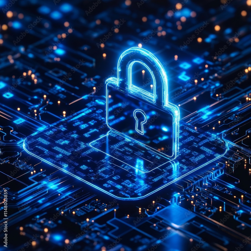 Poster visual representation of digital security with a glowing lock symbol on a circuit board background i
