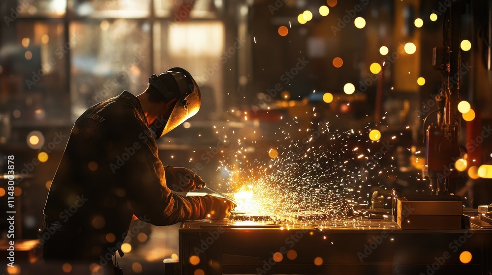 Poster sparks burst dramatically as a welder works in a workshop, with bokeh lights adding depth and warmth