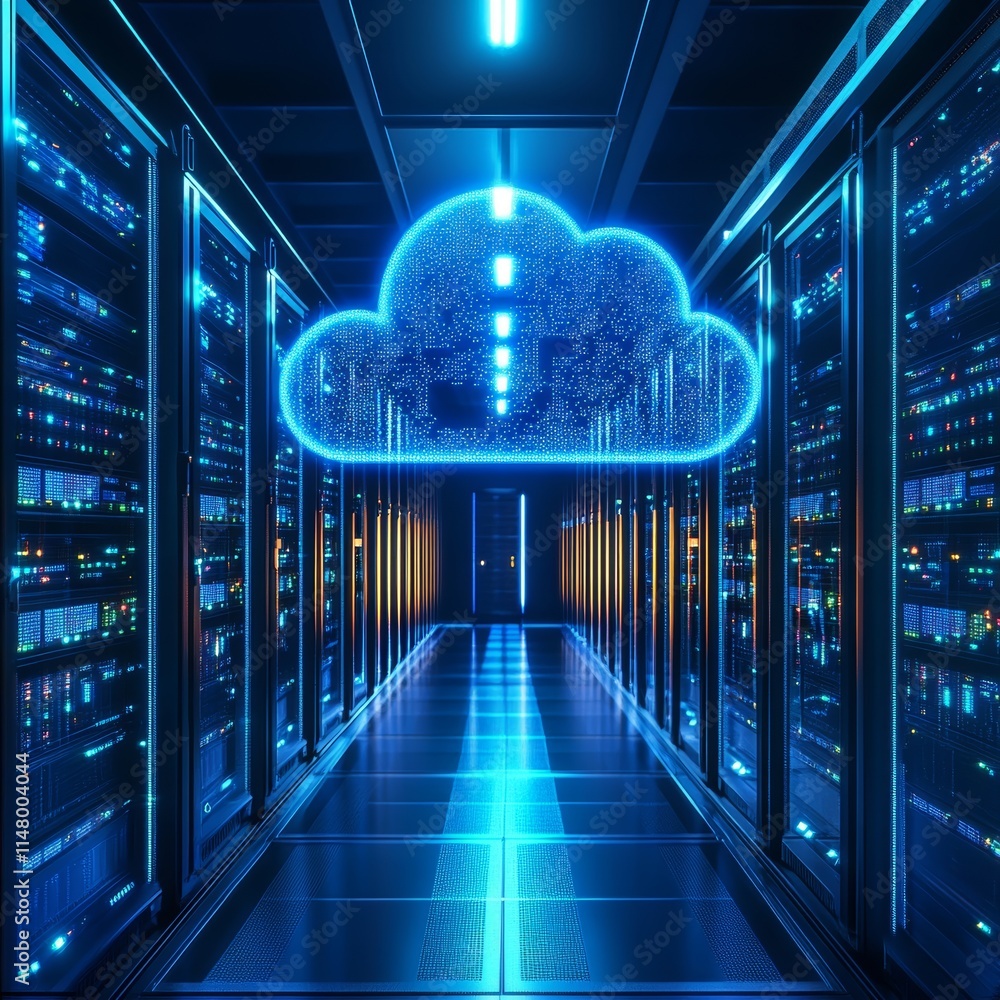 Poster digital cloud network illuminating a modern data center filled with server racks and vibrant lights 