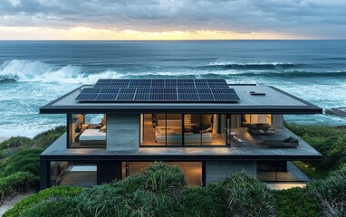 Fototapeta premium A modern house with solar panels on the roof, overlooking a serene ocean with waves crashing against the shore