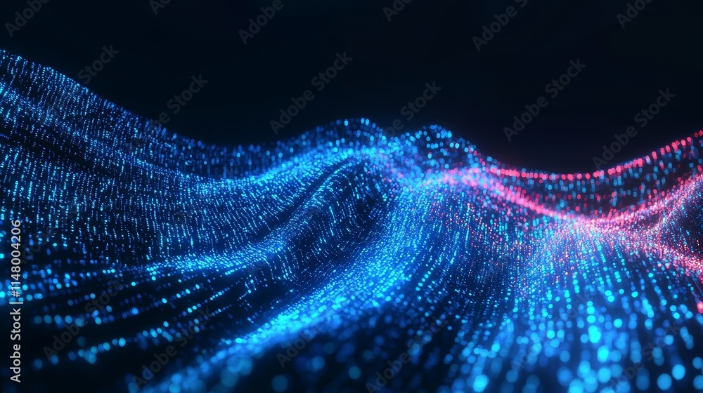 Poster digital wave of glowing particles representing data movement in a futuristic environment at night