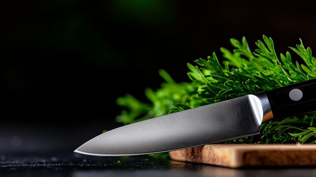 A knife sitting on top of a cutting board next to a plant