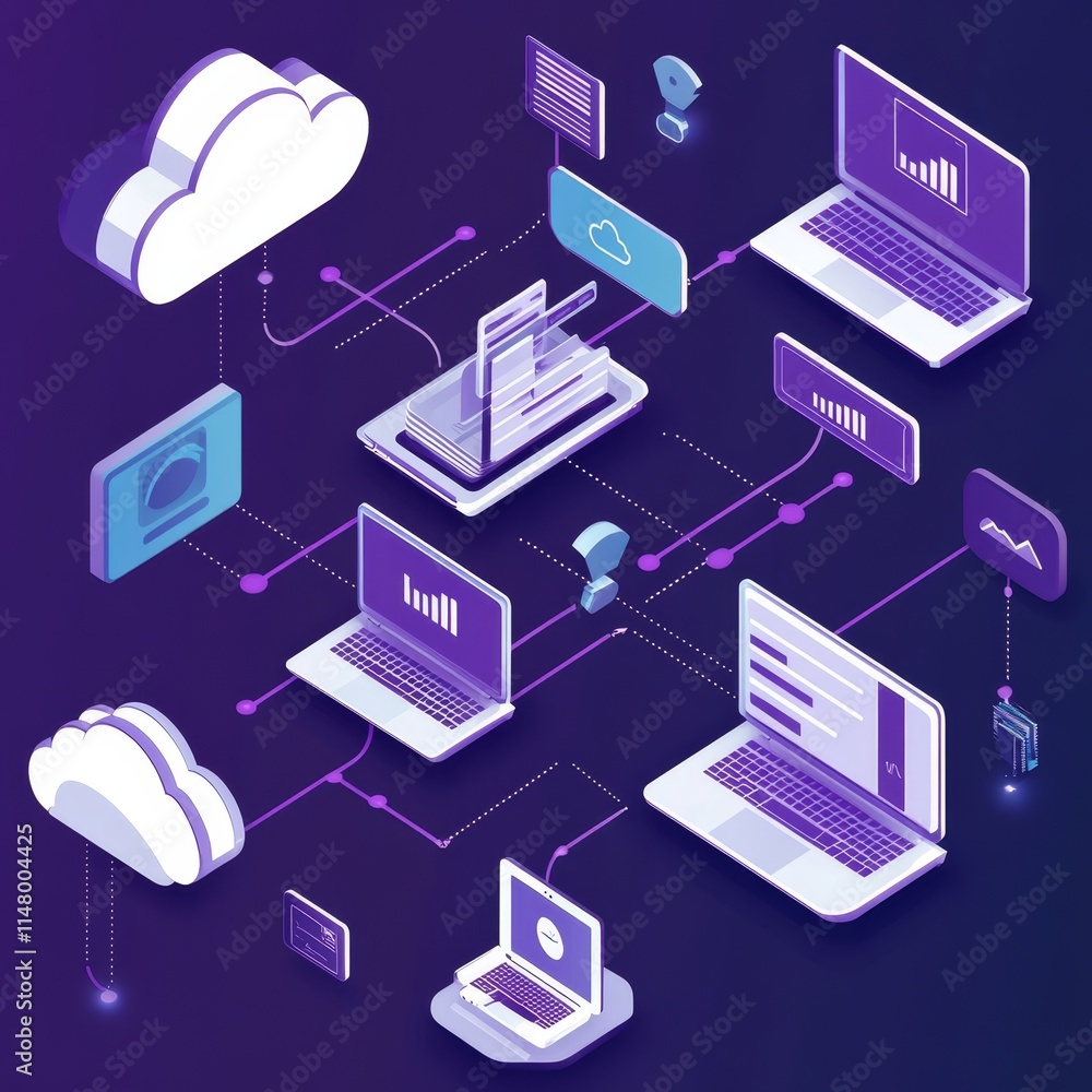 Poster digital cloud computing network illustrating data transfer and analytics between multiple laptops an
