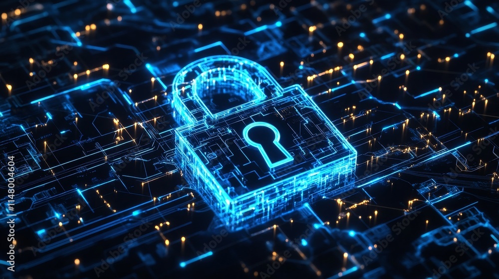 Poster digital lock symbolizing cybersecurity in a futuristic data environment with glowing circuits and a 