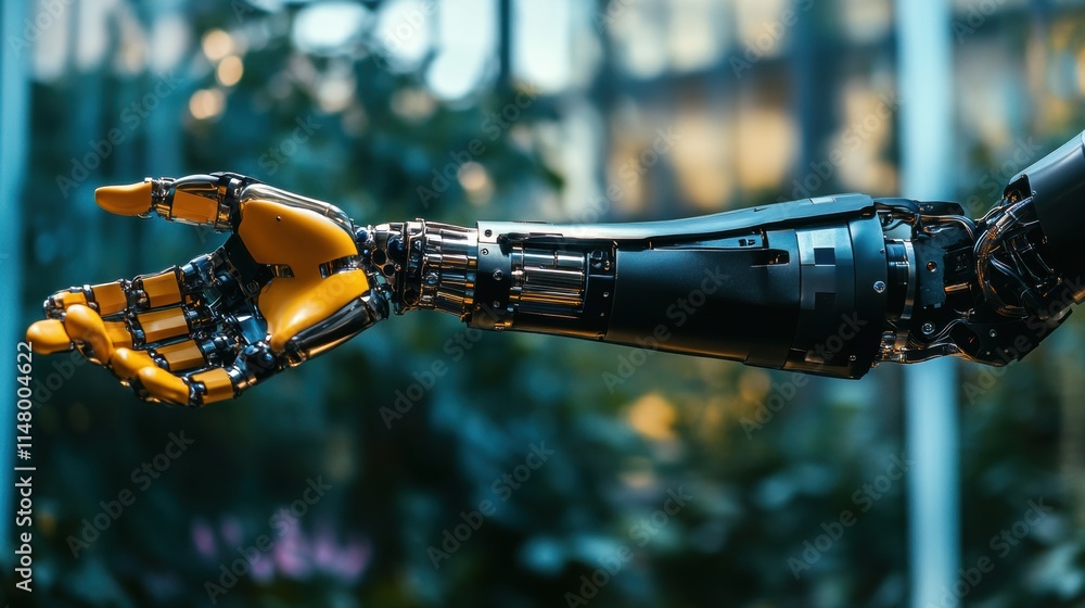 Poster innovative prosthetic arm demonstrates advanced functionality in a modern environment. generative ai
