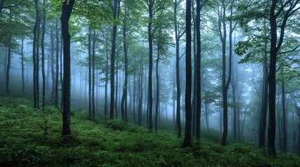 Obraz premium A serene forest scene shrouded in mist, featuring tall trees and lush greenery, evoking a tranquil and mysterious atmosphere.