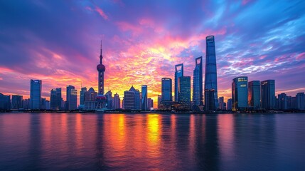 Fototapeta premium A vibrant skyline at sunset, showcasing modern skyscrapers reflecting on the water with a colorful sky in Shanghai.