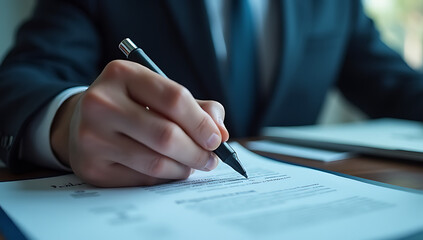 Businessman uses an electronic pen to sign a virtual document online, approving papers digitally with ease for quality control and management._00001_