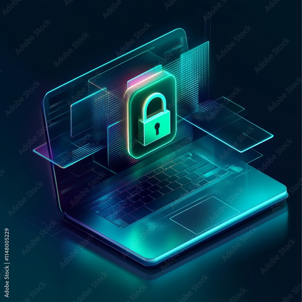 Poster secure digital environment represented through a laptop displaying a glowing padlock, emphasizing cy