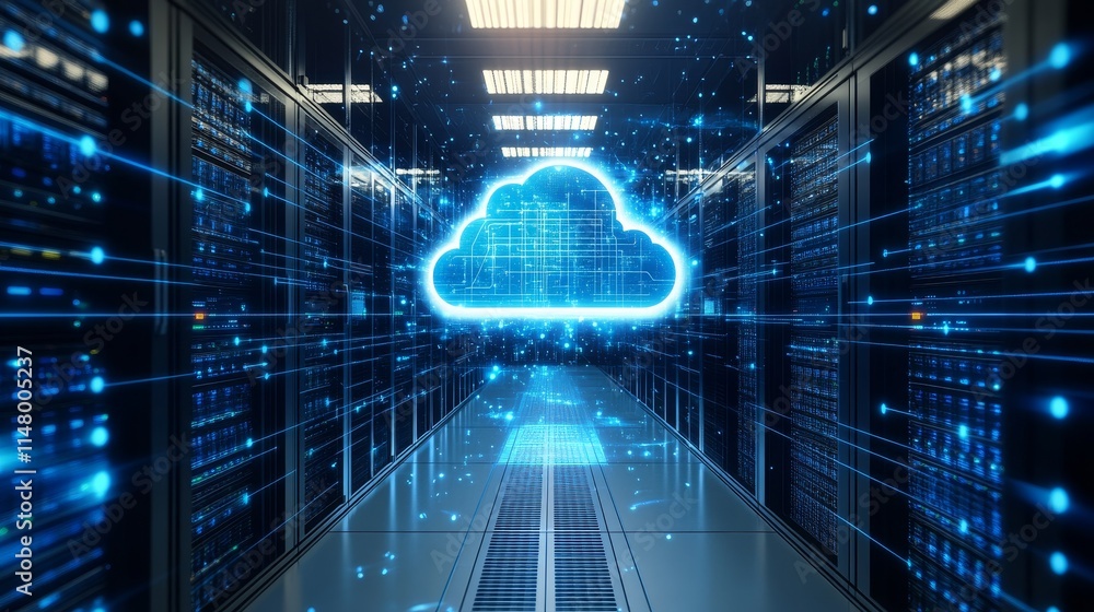 Poster digital representation of cloud computing technology in a server room with data streams and glowing 
