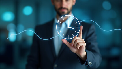 Businessman touches a clock icon on his computer screen, planning projects to boost efficiency and reduce work hours effectively._00003_