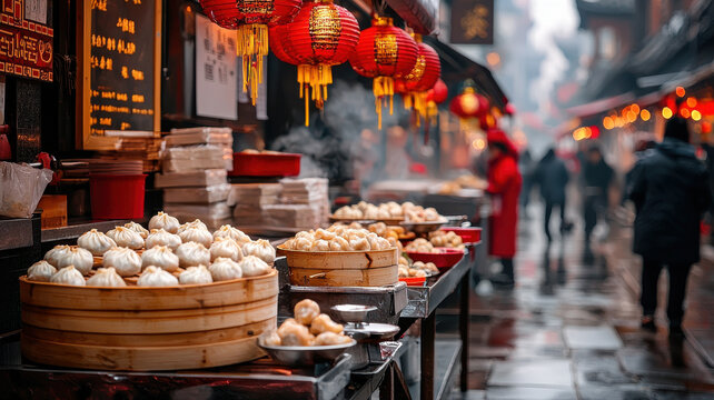 Steamed dumplings in bamboo baskets at vibrant market stall, surrounded by lanterns and bustling atmosphere