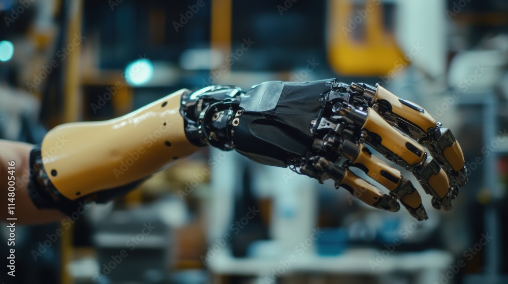 Leinwandbilder prosthetic arm showcasing advanced mechanics during functional demonstration in an industrial worksh