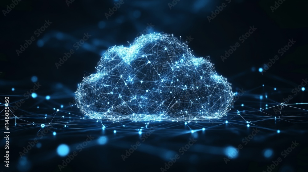 Poster digital cloud technology network connecting data points with glowing connections and structures on a