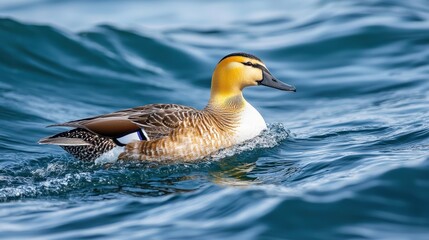 Fototapeta premium A duck swims gracefully on the water's surface, showcasing its vibrant plumage against the shimmering blue waves.