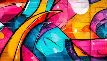 Fototapeta premium Vibrant Urban Mural Showcasing Colorful Abstract Shapes Against a Textured Brick Wall During Bright Daylight
