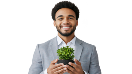 Smiling Man Holding a Potted Plant