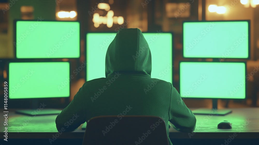 Poster Hooded Figure Working Multiple Green Screen Computers