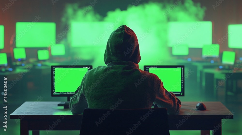 Poster hooded figure working amidst green screen computers