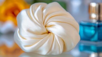 A white flower sitting on top of a table next to a bottle of perfume