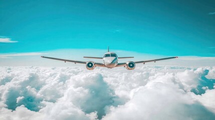 An airplane flying above fluffy clouds against a bright blue sky.