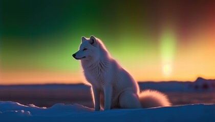 Majestic Arctic Fox Sitting Gracefully in Snowy Landscape Under Breathtaking Aurora Borealis with Beautiful Colorful Skies at Dusk