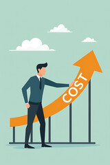 Fototapeta premium Businessman reduces costs by lowering the cost arrow on the graph, demonstrating successful budget and cost management._00003_