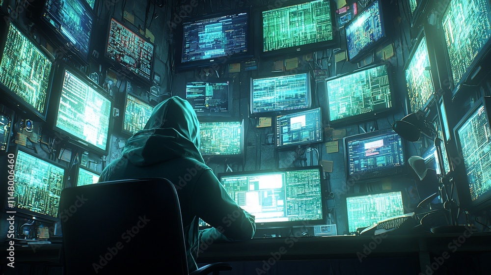 Fototapete Hacker Working Amidst Multiple Computer Screens Showing Code