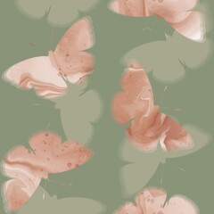 Abstract Hand Drawing Digital Painting Watercolor Flying Butterflies with Shadows Seamless Upholstery Textile Pattern Isolated Background