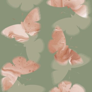 Abstract Hand Drawing Digital Painting Watercolor Flying Butterflies with Shadows Seamless Upholstery Textile Pattern Isolated Background