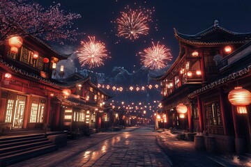 Chinese New Year Celebration: Fireworks Over Ancient Street with Lanterns and Traditional Architecture. AI generated illustration