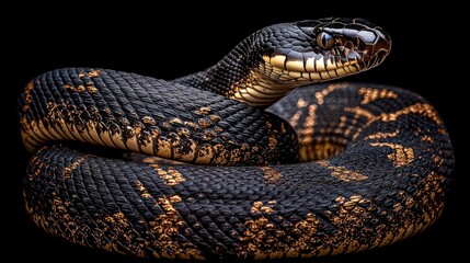 Fototapeta premium A close-up view of a coiled snake, showcasing its intricate patterns and shiny scales against a dark background.