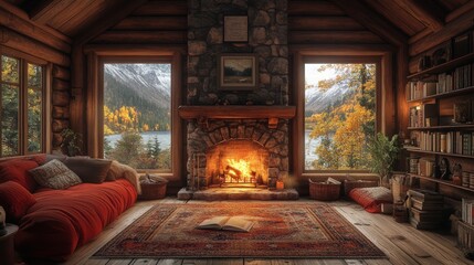 Obraz premium Cozy cabin, fireplace, autumnal lake view.
